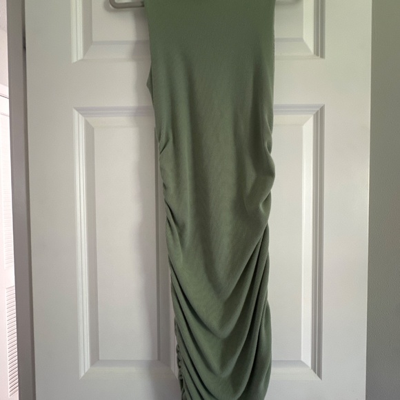 Lulus Over And Over Sage Green Ribbed Drawstring Ruched Bodycon Dress - Size M - Picture 2 of 3